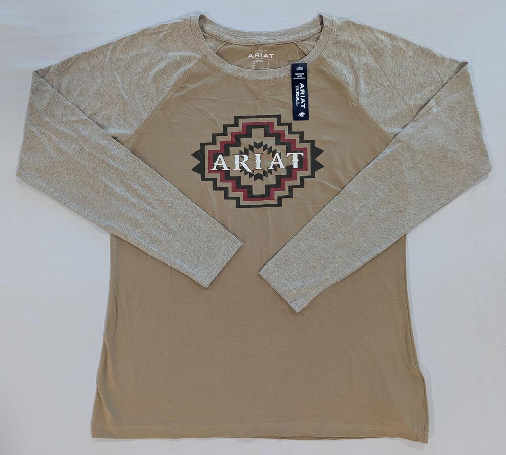 Ariat REAL Shirt Womens L Beige Raglan Long Sleeve Western Aztec Graphic Tee